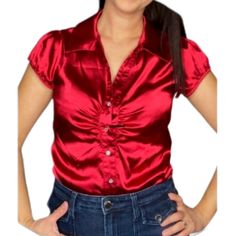 Women's Blouse / Red Silky Button-Down Blouse With Capped Sleeves / Size Medium **See Measurements If Necessary** / Has Clear Rhinestone Buttons / Never Worn "New With Tags" Also Spare Button Attached / Silky Polyester Fabric (2635) Measures: 19.5" Across Armpit To Armpit 18.5" Across Waist 25" Length Upper Shoulder To Hem Satin Clothes, Capped Sleeves, Solid Red, Satin Blouse, Red Blouses, Clear Rhinestones, Lady In Red, Cap Sleeves, Button Downs