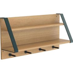 a wooden shelf with three metal hooks on it