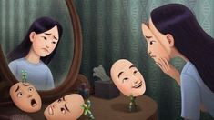 a woman looking at her face in front of a mirror with three faces on it