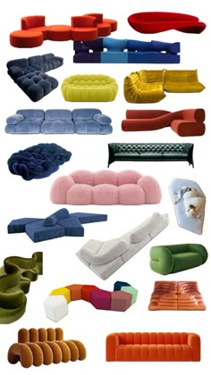 an assortment of different types of couches and chairs in various colors, shapes and sizes