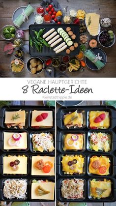 Auf dem Bild sieht man einen Raclette-Grill, viele Zutaten und 8 gefüllte Pfännchen Raquelette Ideas, Ploughmans Lunch, Party Snacks