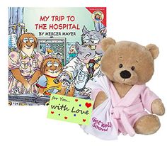 a brown teddy bear sitting next to a book with a pink robe on it's chest