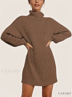 Lasaky - High Collar Long-Sleeved Sweater Knit Dress Short Sweater Dress Outfit, Oversized Sweater Dress, Brown Sweater Dress, Sweater Dress Casual, Sweater Dress Oversized, Oversized Sweater Women, Long Sweater Dress, Turtleneck Sweater Dress, Womens Turtleneck