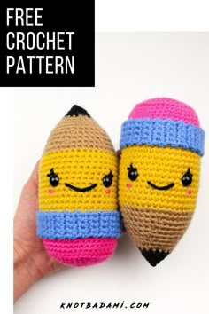 two crocheted toys with faces and eyes are shown in front of the caption that says free crochet pattern