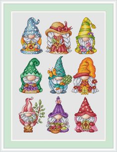 a cross stitch pattern with many gnomes in different colors and sizes, including hats