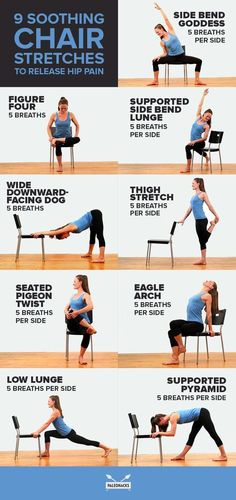 9 Soothing Chair Stretches to Release Hip Pain | Fitness Chair Stretches, Hip Stretches, Chair Yoga, Hip Pain, Beginner Workout, Senior Fitness