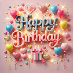 a happy birthday card with balloons, presents and confetti on a pink background