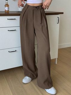 Brown  Collar  Fabric Plain Straight Leg Embellished Non-Stretch  Women Clothing Pleated Pants For Women, Kakis Pants Outfit, Classic Pants Women, Women Suit Pants, Formal Pants Women, Wide Leg Pants Women, Casual Office Wear, Khaki Trousers, Casual Dress Pants