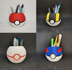 four different types of pens and pencils in a pokeball shaped container with the same design on it