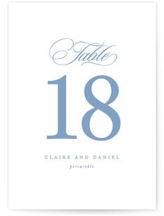 the table number card is shown in blue and white, with an elegant calligraphy font