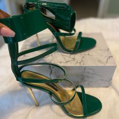 Worn Once! I Scraped The Bottoms Of These Bad Boys Because They Were Slippery They’ve Been Sitting In My Closet Ever Since. Box And Dust Bag Included Emerald Green Heels Heels & Wedges, Goddess Sandals, Green And Gold, Shoes Women Heels, Dust Bag, Shoes Heels, Sandals, Women Shoes, Heels