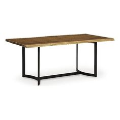 a wooden table with black metal legs and a rectangular wood top on an isolated white background