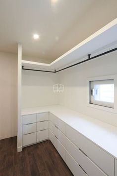 an empty room with white cabinets and drawers