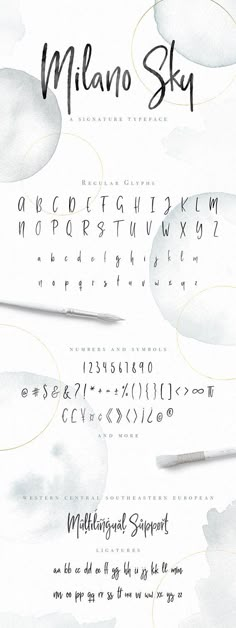 a white and black watercolor typeface with the word,'millano sky'written in cursive writing