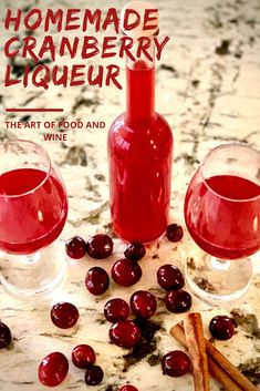 the cover of homemade cranberry liqueur with two glasses and cinnamon sticks