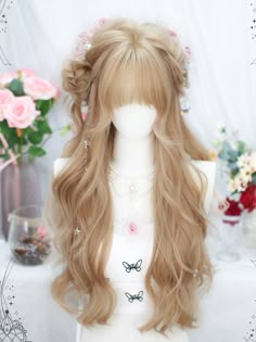 Get the ultimate kawaii look with our air bangs blonde long wavy synthetic wig! This wig features a stunning blonde color and long wavy style, perfect for achieving that cute and playful aesthetic. Made with high-quality synthetic fibers, this wig is easy to style and maintain.  Please note that this product includes the wig only.  Garment Size   	 		 			Size 			Free Size 		 		 			Hair Length 			65-70 Wig Cute, Blonde Hair With Bow, Long Blonde Hair Wigs, Kawaii Hair, Blonde Wigs, Princess Hair, Cute Wigs, Blonde Wig Aesthetic, Kawaii Blonde Hair