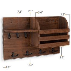 a wall mounted coat rack with hooks on it's sides and measurements for each section