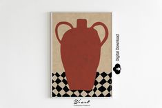 a red vase sitting on top of a checkerboard floor next to a white wall