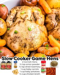 These Slow Cooker Cornish Hens are tender, juicy, flavorful, and easy to make. The veggies are cooked with the game hens in the Crockpot for a complete meal. Cornish Hen In Crockpot, Crock Pot Cornish Hens, Cornish Hens Crockpot, Slow Cooker Cornish Hen, Cornish Game Hen Recipes, Cornish Game Hens, Cornish Hen Recipe, Game Hens, Cornish Hen