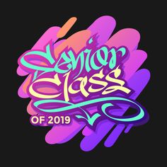 the logo for fashion class of 2019, with neon colors and lettering on a black background