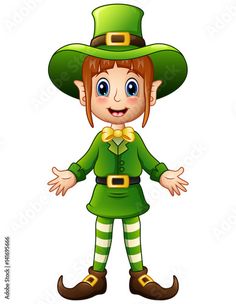 a cartoon leprezi girl wearing a green hat and holding her hands out to the side