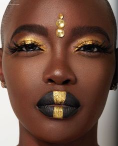 Inspiration For Black Women, African Face Paint, Jin Magazine, Match Nails, African Makeup, Futuristic Makeup, Egyptian Makeup, Goddess Makeup, Gold Eye Makeup