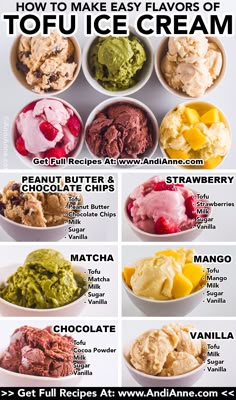 an ice cream poster with different types of ice creams in bowls and on plates