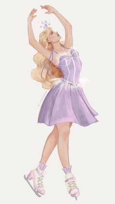 a drawing of a woman in a purple dress with her arms outstretched and head tilted to the side