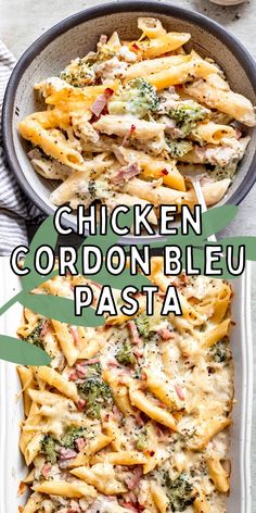 chicken cordon bleu pasta with broccoli and cheese in a pan