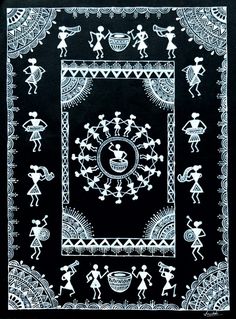 a black and white bandanna with people dancing on the ground in front of it