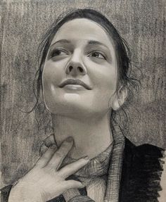 a pencil drawing of a woman with her hand on her chin and looking up at the sky