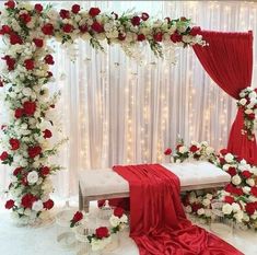 luxury aesthetic arch decor design ideas for wedding Red Quince Backdrop, Red And White Wedding Decorations, Elegant Wedding Colors, Red And White Wedding, Nikah Decor, Red Wedding Decorations, Wedding Setup, White Wedding Decorations