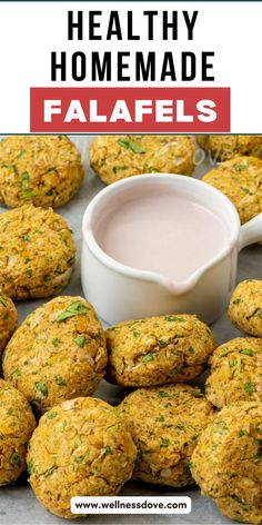 healthy homemade falafels with ranch dressing in the background and text overlay