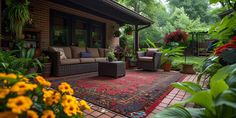 an outdoor living area with couches, rugs and flowers in the foreground