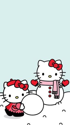 hello kitty and her snowman are standing in the snow with hearts on their ears