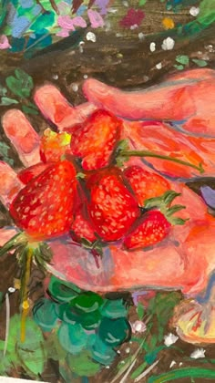 a painting of strawberries being held by someone's hand