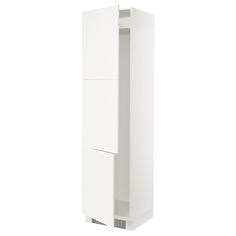 a tall white cabinet with an open door