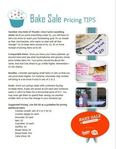 an advertisement for bake sale pricing tips