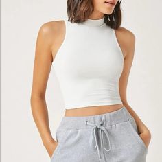 Minimalist White Mock Neck Racerback Crop Tank Top Xs S M L Xl, Viscose Blend, Ships In 7-8 Days White Mock Neck, Mock Neck Crop Top, High Neck Crop Top, Mock Neck Tank, Halter Tank Top, Cotton Crop Top, High Neck Sleeveless, Top Cropped, Collar Designs