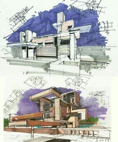 two drawings of different types of architecture and their design elements are shown in this image