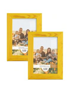 two yellow frames with an image of family sitting on the ground in front of them