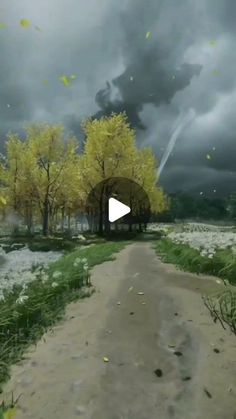 an animated image of a dirt road with trees and clouds in the background