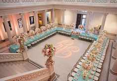 an overhead view of a banquet hall with tables and chairs set up for a formal function