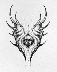 a drawing of an eye in the shape of a demon's head with horns on it