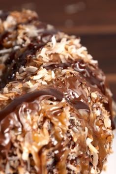 a close up of a piece of cake with chocolate frosting and coconut on top