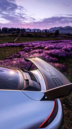 a silver sports car parked in front of purple flowers