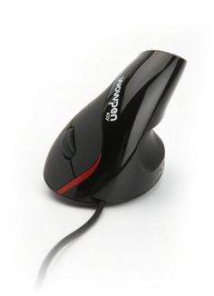 a black computer mouse sitting on top of a white surface