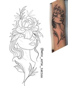 a woman's face with flowers and leaves on her arm, next to a tattoo design