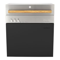 a black and silver dishwasher with wooden handle