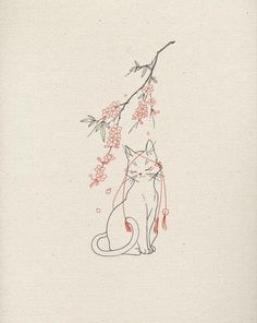 a drawing of a cat sitting next to a branch with flowers